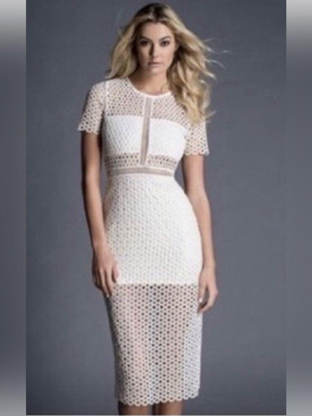 Karina Grimaldi Ultimo Lace Crochet Midi Dress Small White Pencil Cocktail Party